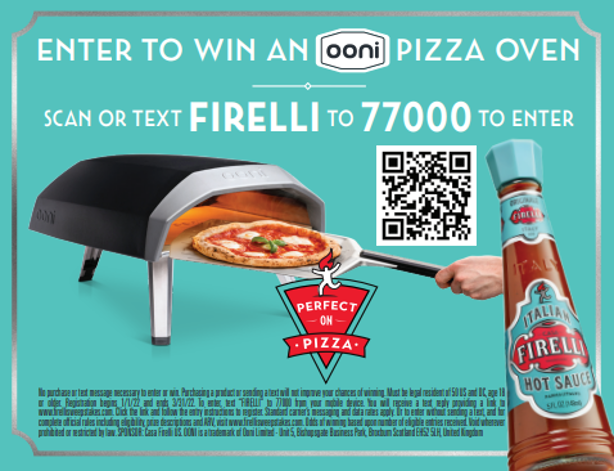 Firelli Italian Hot Sauce and Ooni Pizza Ovens are partnering together on a sweepstakes program for the chance to win your very own Ooni Koda 12 Pizza Oven! A $400 Prize Value!