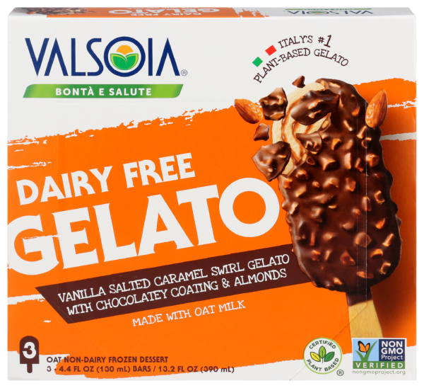 Dairy Free Gelato – Vanilla Salted Caramel Swirl Gelato Bars with Chocolate Coating & Almonds Made with Oat Milk